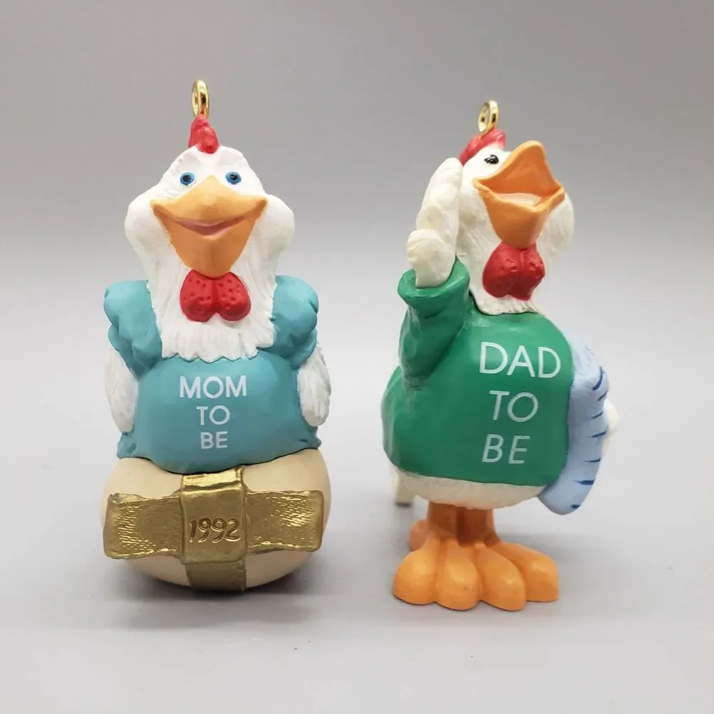 Hallmark Mom to Be / Dad to Be Christmas Ornaments - Set of 2 Hen & Rooster 1992